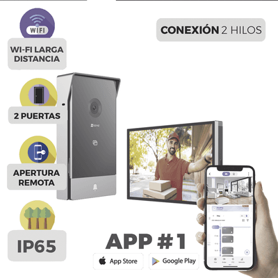 Videoportero IP Conexión a 2 Hilos / Con Monitor Wi-Fi para Interior / Frente de Calle  IP65 Uso En Exterior Debe Tener Protección / Cámara 3 Megapíxel / Llamada a la App / Apertura remota  / Apertura de 1 Puerta y un 1 Porton 