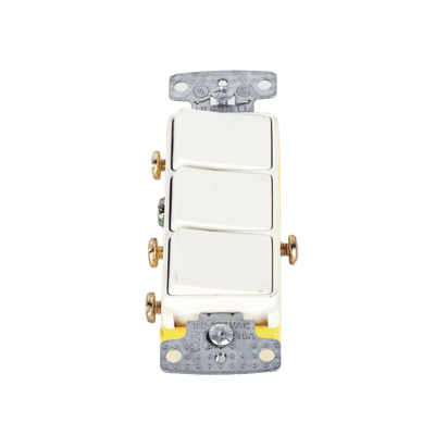 Interruptor Residencial 15 A 120 V, con 3 Bases Unipolares, Cableado lateral, Color Blanco.