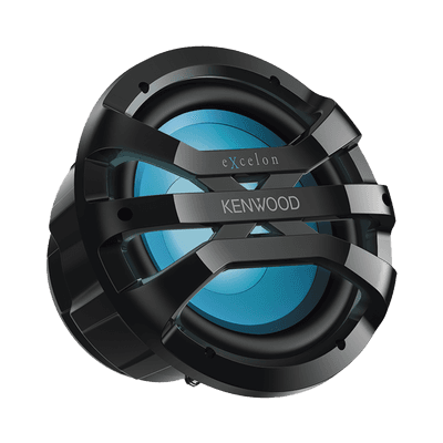 Subwoofer excelon motorsport de 10" fabricado en rejilla color negro, cuenta con iluminación Led ajustable vía RF  