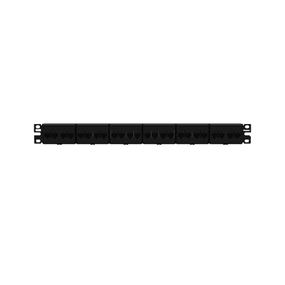 Panel de Parcheo con 24 Acopladores Mini-Com, Plano, Categoría 6A, de 1 UR, Color Negro
