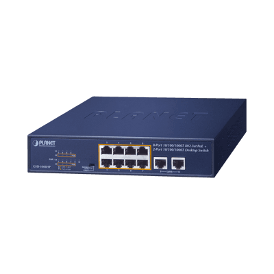 Switch de Escritorio No Administrable / 8 Puertos 10/100/1000T PoE+ 802.3at / 2 Puertos Uplink 10/100/1000T / Presupuesto PoE 120 Watts / Modos Estándar, VLAN y Extend / Distancia Extendida 250 mts / Rackeable