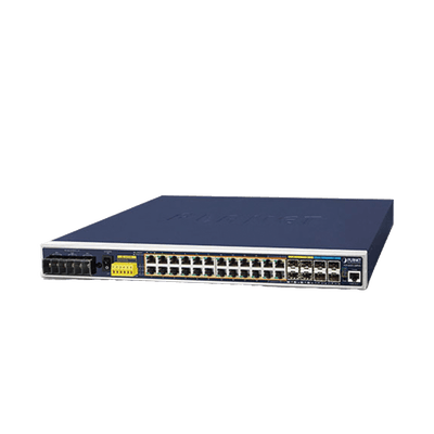 Switch Industrial Capa 3, 24 Puertos Gigabit PoE 802.3af/at, 4 Puertos SFP 1 G, 4 Puertos SFP de 10 G