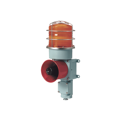 Combinación de Luz Giratoria LED y Bocina Eléctrica / WS-5 Sonidos de Advertencia / 120dB Máx. / AC120V / IP66 / Lente Ámbar / Carcasa de Aluminio / Compatible con Jaula Protectora STS316L / Aplicaciones Marítimas e Indu