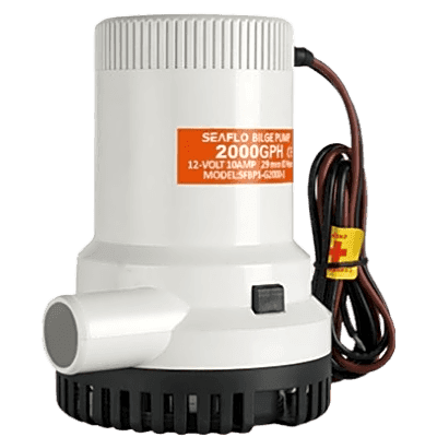 Bomba de Achique Sumergible SEAFLO SFBP1-G2000-01 / 2,000 GPH (7,571 LPH) / 12V CD / Eje de Acero Inoxidable / Operación en Seco / Protección Anti-Aire / Sellos Herméticos / Cableado Marino / CE, RoHS, ISO 8849
