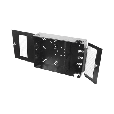 Caja de Conexión de Fibra Óptica, para Montaje en Pared, hasta 192 Puertos LC o SC (Acepta 8 Placas Acopladoras), Color Negro