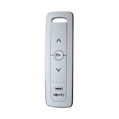 Control remoto 5 canales para motores de persiana Somfy con señal inalámbrica, instrucciones: sube, baja y detener, con posición favorita programada.