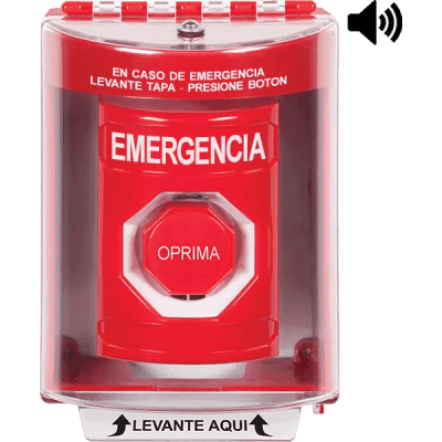 ​Botón Multipropósito, Color Rojo, De Superficie con Espaciador, C/Tapa De Policarbonato, C/Bocina Pre Alarma, Interior/Exterior, Llave Para Restablecer, Texto De Emergencia, Español
