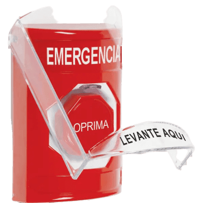 ​​Botón Multipropósito, Color Rojo, De Superficie, Con Tapa De Policarbonato, Con Bocina Pre Alarma, Solo Interior, Llave Para Restablecer, Texto De Emergencia, Español