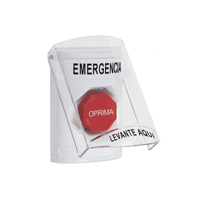 ​Botón Multipropósito, Color Blanco, De Superficie, Con Tapa De Policarbonato, Con Bocina Pre Alarma, Solo Interior, Llave Para Restablecer, Texto De Emergencia, Español