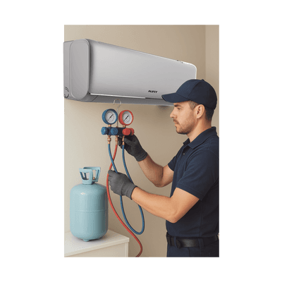 Servicio en Centro de laboratorio SYSCOM / Recarga de gas refrigerante / R32 / Minisplit AUFIT / Capacidad de 2 a 2.5 Toneladas 