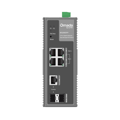 Switch Industrial Easy Managed / 6 Puertos Gigabit (4 PoE) / 120W PoE Budget / IP40 / -40°C a 75°C / 6kV Protección Rayos / Cloud Management Omada / DIN-Rail