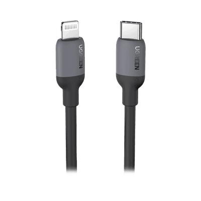 Cable USB-C a Lightning / Certificado MFi / 1 Metro / Adecuado para iPhone, iPad, iPod / Carga Rápida PD 20W /  Sincronización de Datos de hasta 480 Mbps / Goma de Silicona y  TPE. / Suave al Tacto / Color Negro 