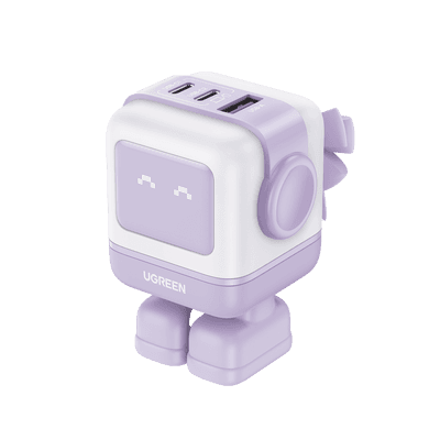 Cargador RobotGaN de 65W Serie UNO | 3 Puertos de Carga Rápida | 2 USB-C | 1 USB-A | PD 3.0 | QC 4.0 | Carga Inteligente | Tecnología GaN II | Zapato Magnético Extraíble | Carcasa Ignífuga | Pantalla LED