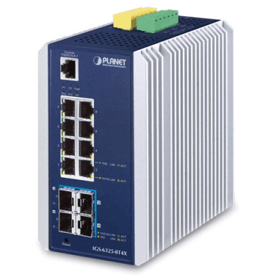 Switch Ethernet Gestionado Capa 3 Industrial DIN-rail / Red Extendida de 10G para Fábricas y Áreas Metropolitanas / 8 Puertos RJ45 10/100/1000BASE-T / 4 Puertos SFP+ 10GBASE-SR/LR / Temp. Operativa -40 a 75 grados C / Protección ESD