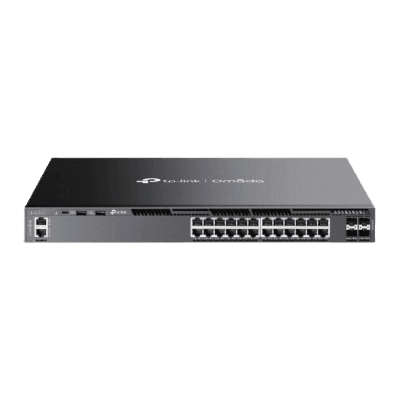 Switch Omada L3 SDN Administrable / 24 puertos Gigabit y 4 puertos SFP+ / Funciones RIP, VRRP, Servidor DHCP / Administración centralizada OMADA / Fuente Redundante